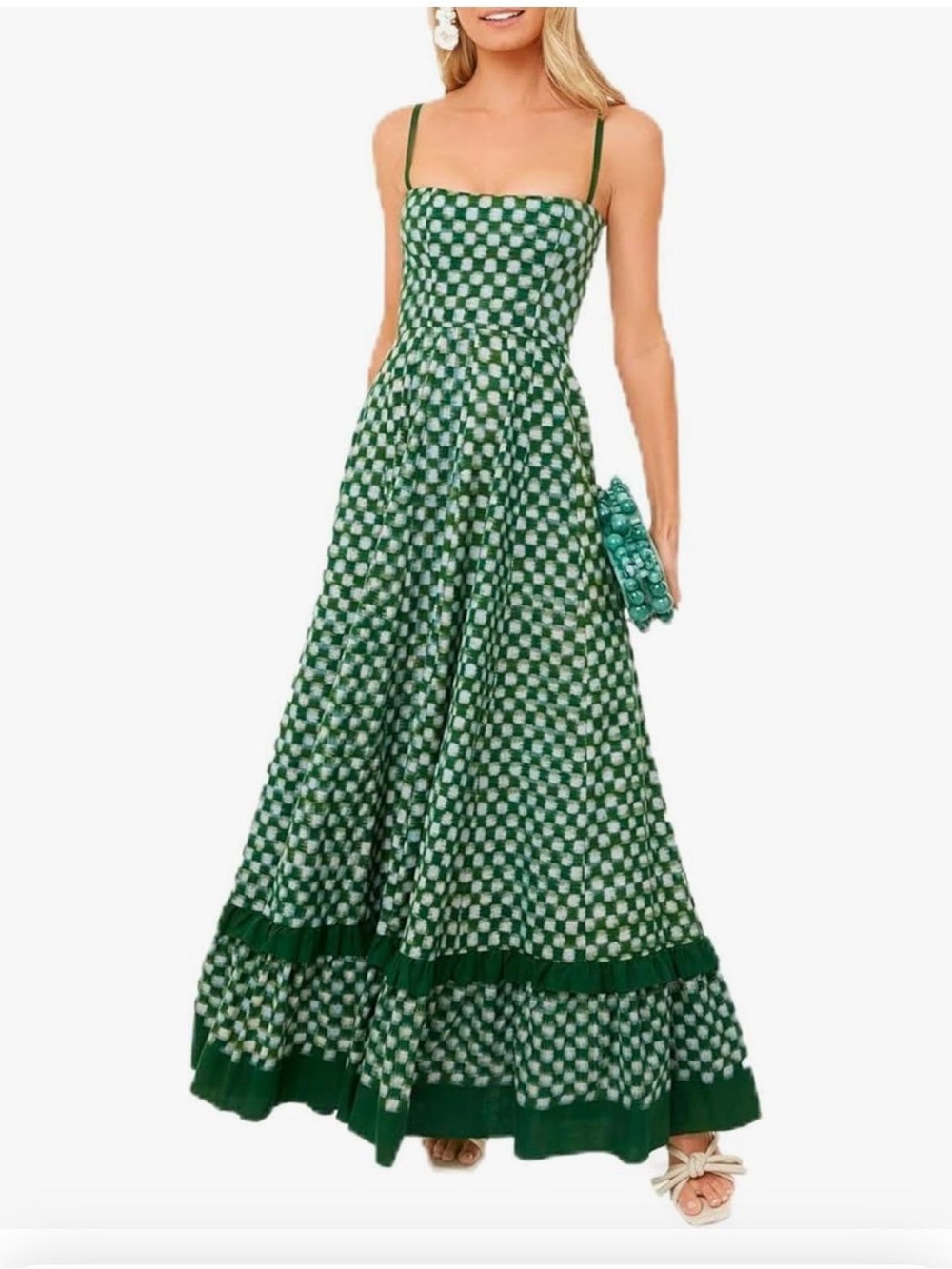 Green Cream Checkerboard Maxi Dress Ruffle Tiered Boho M